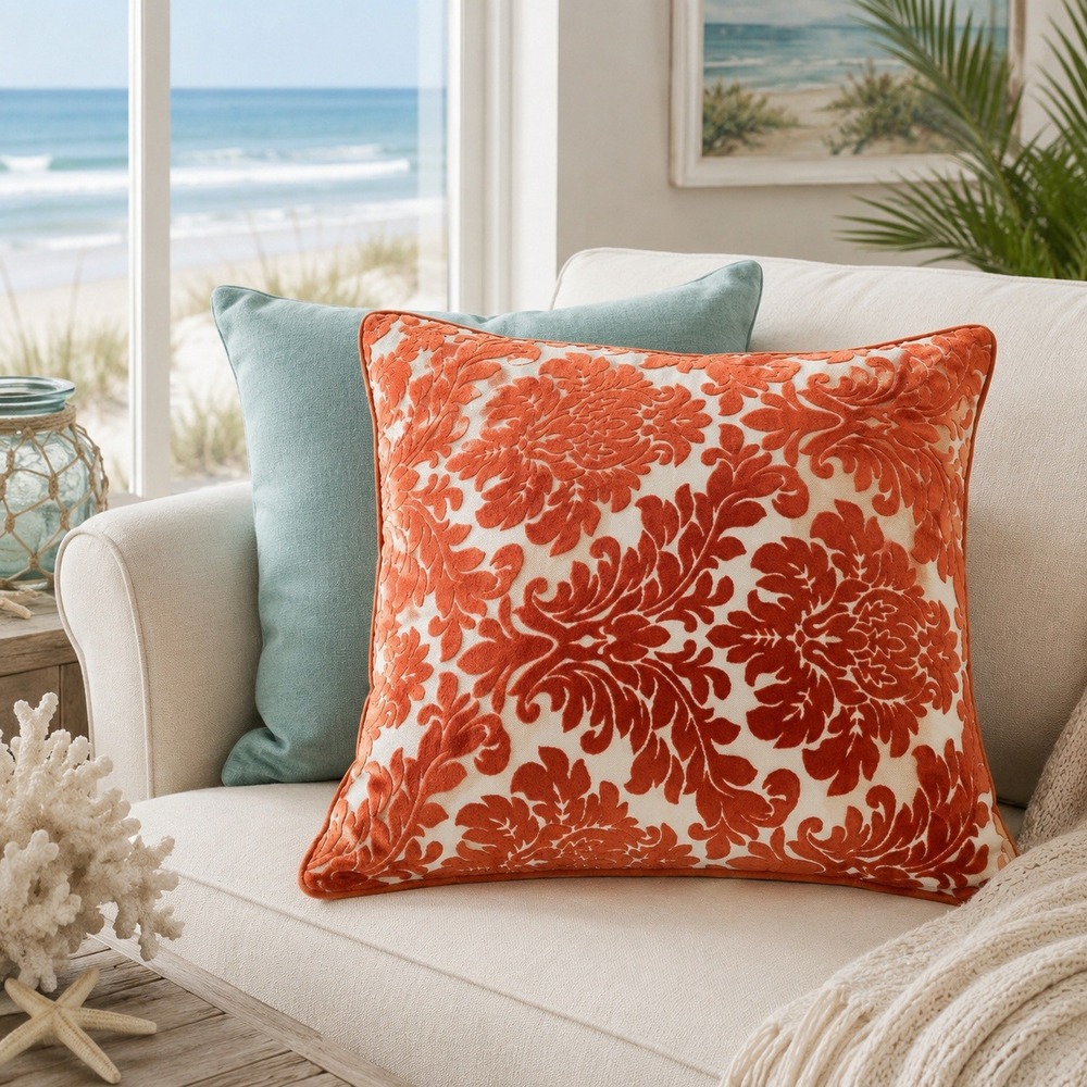 Rodeo Home Oversized Square Throw Pillow Rust Orange Velvet Damask Scroll 22x22